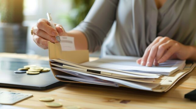 Woman hand holding file folder with documents. Office paperwork, data analysis, and research concept. - Powered by Adobe