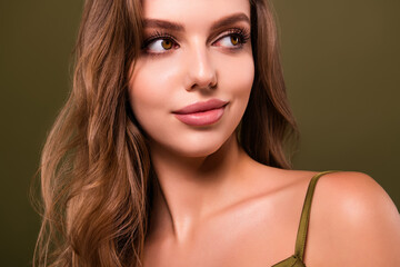 Photo of lovely elegant tender pretty lady full big alluring lips isolated on khaki color background