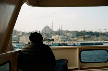 Man, ferry, sea, Istanbul, Turkey, film, kodak