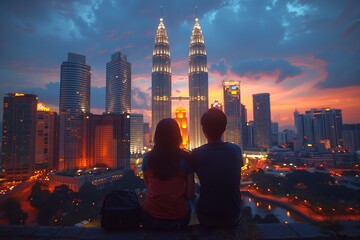 Naklejka premium Couple Admiring Kuala Lumpur Skyline at Dusk