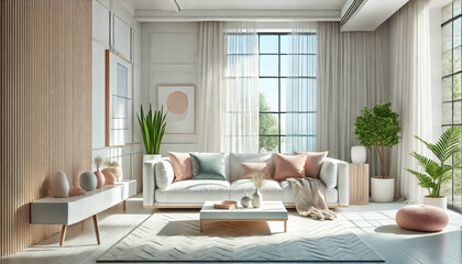 Fototapeta premium Modern Living Room with White and Pastel Highlights