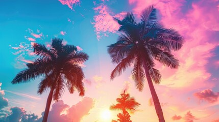 Obraz premium Blue palm trees swaying in the breeze against a vibrant sunset sky