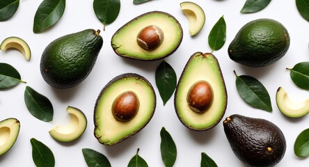 Fresh avocado fruits with green leaves on white background. Top view, flat lay. Eating healthy fats. Generative AI