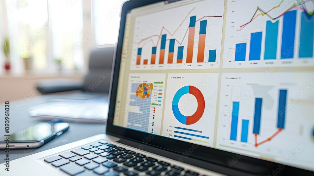 Aufkleber close-up of a laptop screen showing an infographic model with pie charts and graphs