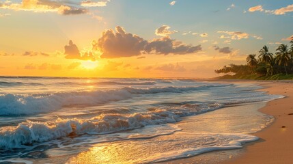 Obraz premium Golden sunset on a beach with blue palm trees and gentle waves