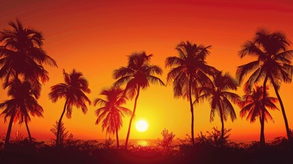 Palm trees in silhouette against a fiery orange sunset on a summer evening