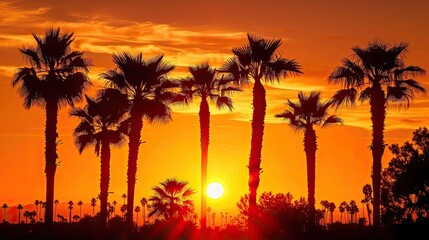 Palm trees in silhouette against a fiery orange sunset on a summer evening