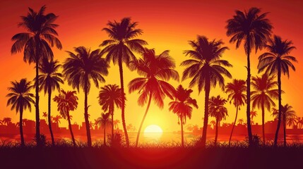 Palm trees in silhouette against a fiery orange sunset on a summer evening