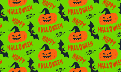 Cartoon Vector Halloween Seamless Pattern with Black Bat and Orange Pumpkin on the Green Autumn Background. Holiday Happy Halloweens Hand Drawing style Texture