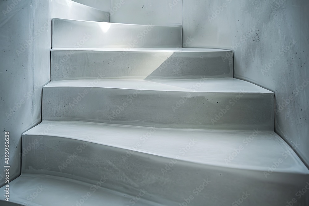 Poster a pristine minimalist white staircase with soft, flowing curves and subtle shadows, highlighting sim