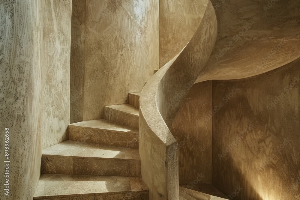 Poster This image features an elegant spiral staircase in a modern building interior, showcasing beautiful textures and flowing architectural lines bathed in natural light.