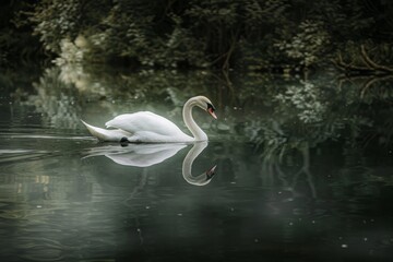 A graceful swan glides effortlessly on calm water, its perfect reflection mirrored on the surface, capturing a moment of tranquility and elegance in nature's beauty.