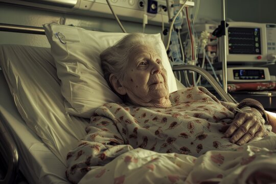 An elderly patient in a hospital bed with medical equipment and monitors nearby, portraying a serene moment during their hospital stay under medical supervision.