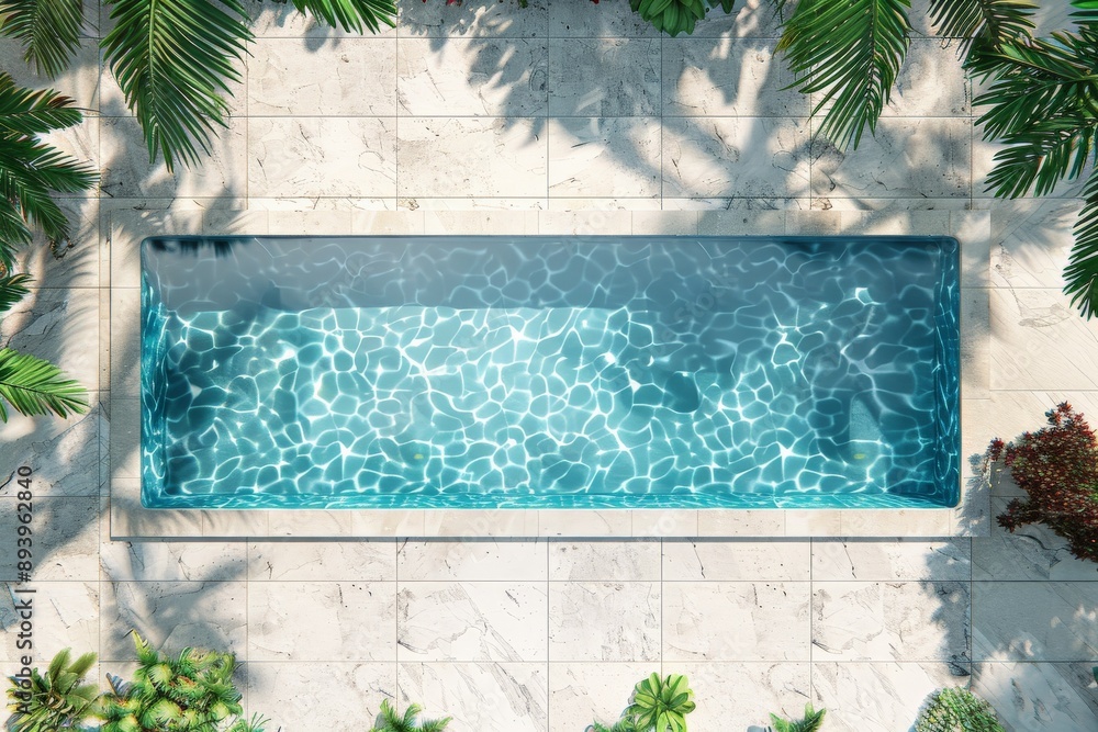 Poster A top view of a luxurious swimming pool surrounded by lush greenery and soft sunlight, creating a picturesque and relaxing outdoor setting for leisure and enjoyment.