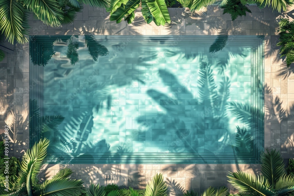 Poster a tropical swimming pool with shadows of lush palm trees cast on the water surface, providing a cool