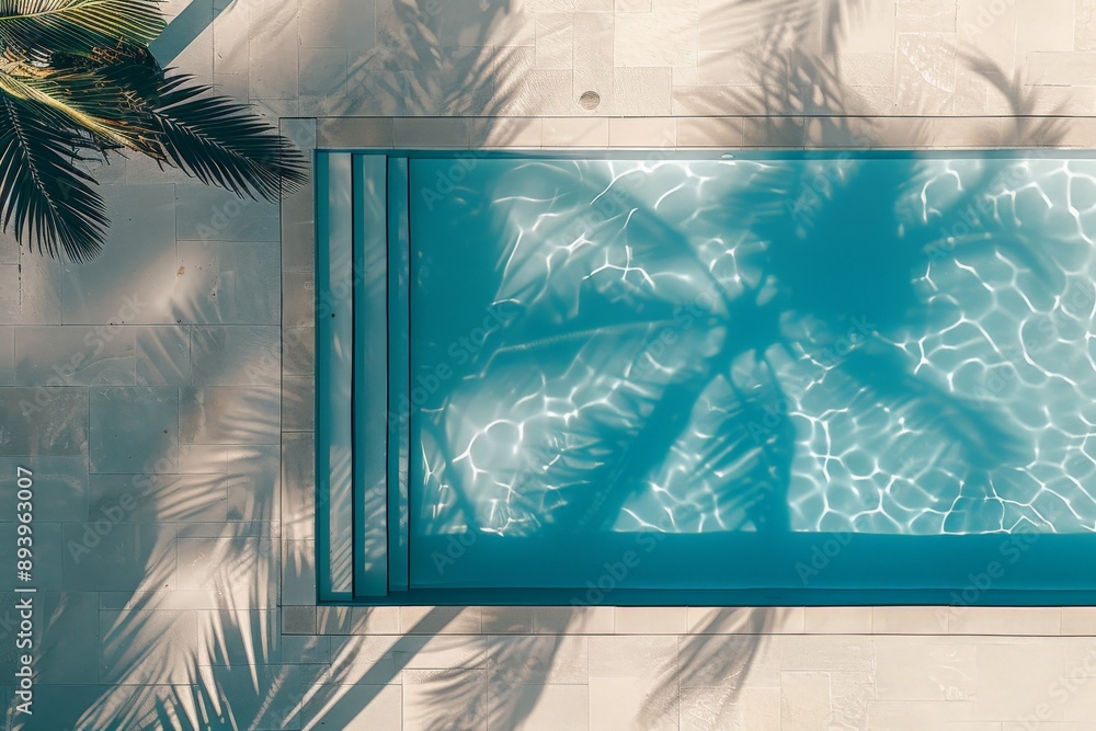 Poster This image showcases a minimalist swimming pool design, featuring pristine water with shadows of palm trees cast on the deck, creating a tranquil and modern scene.