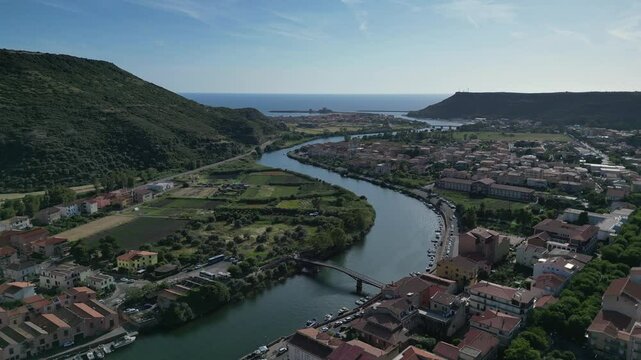 Aerial view of Bosa, a small colourful town near Oristano, Sardinia island, Italy.