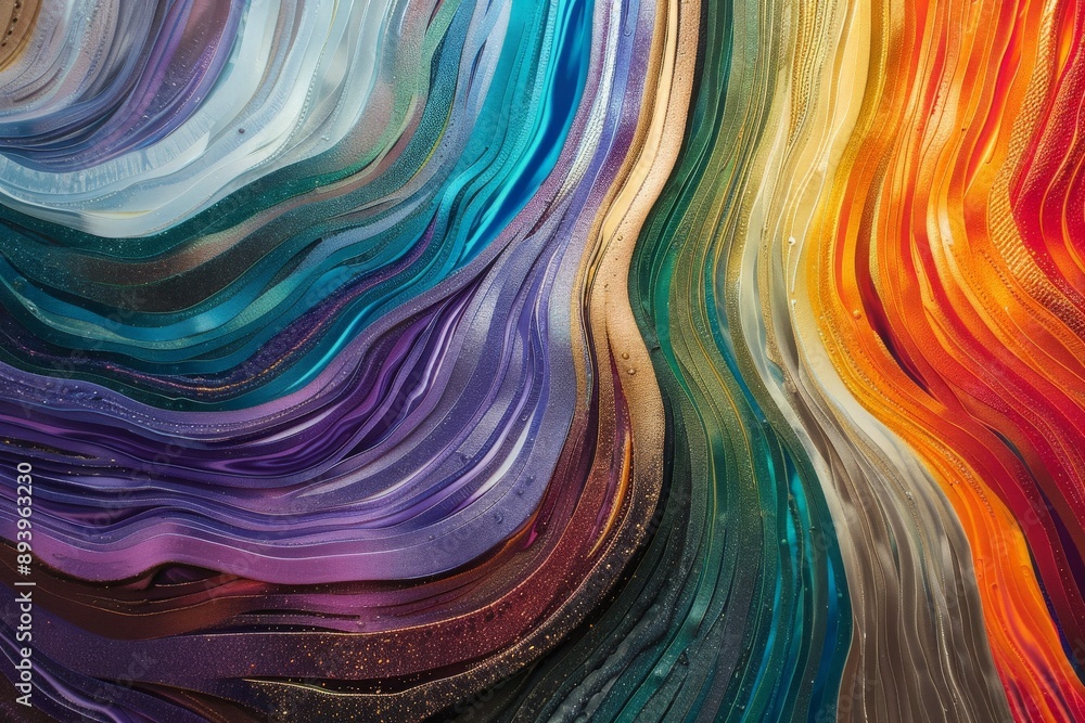 Poster A visually captivating image showcasing fluid and wavy patterns in vibrant hues, blending colors like blue, purple, orange, and green in an abstract style.