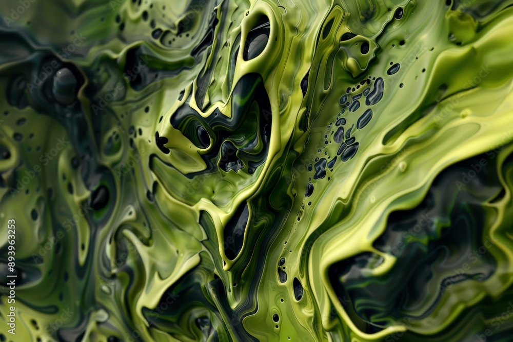 Poster This image depicts green fluid-like texture and swirling patterns that create a sense of motion and depth, evoking feelings of nature and organic growth in an abstract style.
