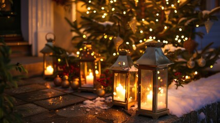 Festive lanterns by indoor Christmas tree
