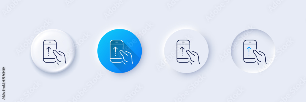 Poster swipe up phone line icon. neumorphic, blue gradient, 3d pin buttons. scrolling arrow sign. landing p