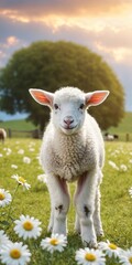 Obraz premium White sheep on green grass floral meadow