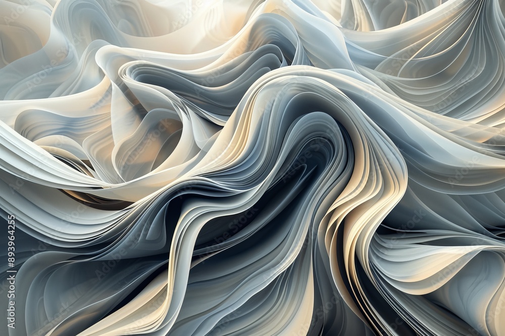 Poster This image features elegant layered waves rendered in soft grayscale tones, capturing a serene abstract landscape with intricate details and a harmonious flow of forms.