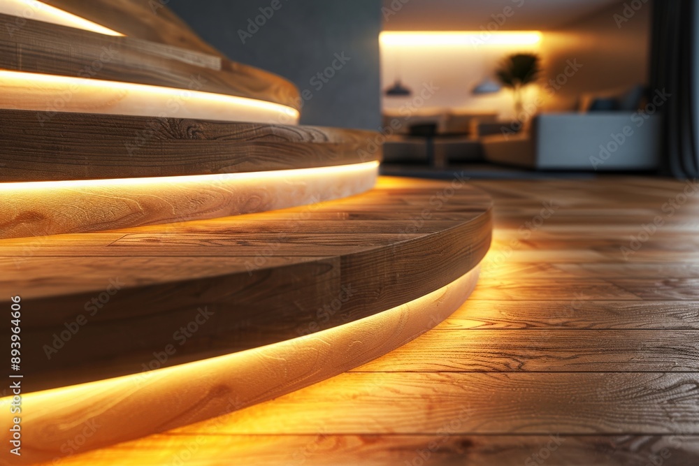 Poster close-up of elegant wooden steps illuminated with warm led lights, showcasing the craftsmanship and 
