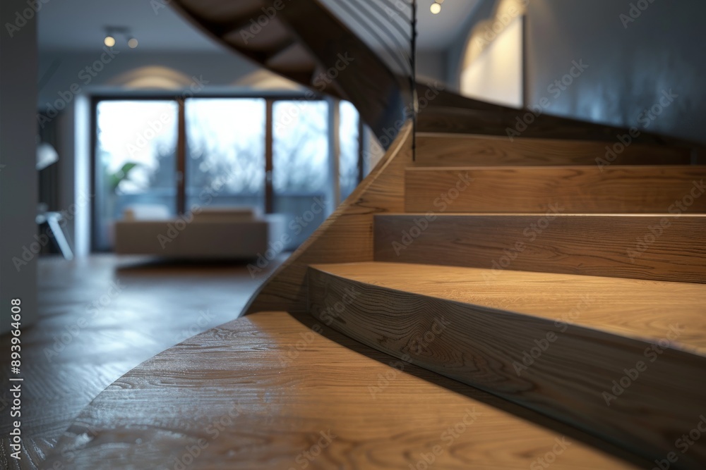 Poster Detail of a contemporary staircase with polished wooden steps and sleek design, set in a modern home interior, emphasizing clean lines and sophisticated craftsmanship.