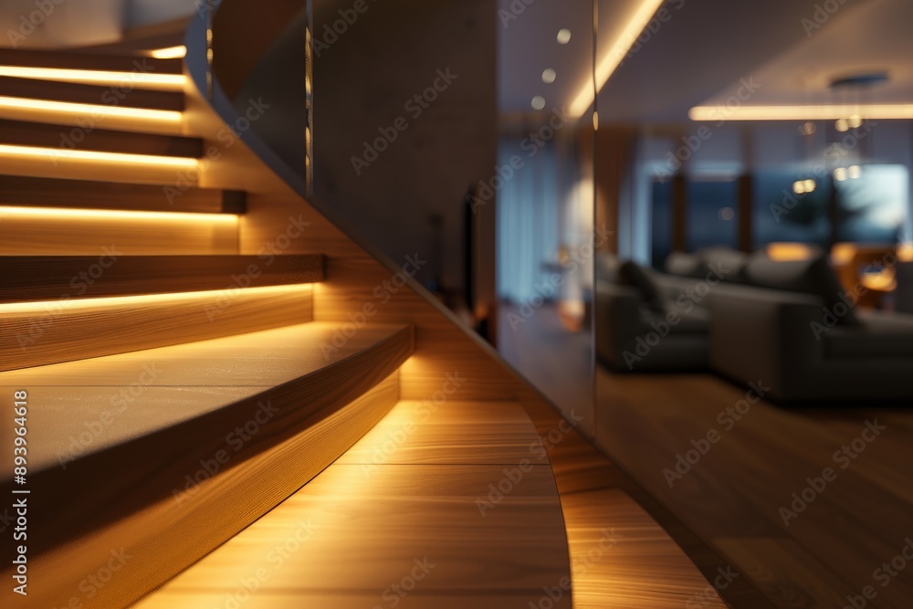 Poster A beautiful spiral staircase with warm recessed lighting enhancing the wooden treads and risers, creating a cozy and visually appealing feature in a modern home setting.