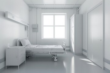 A bright hospital room with a bed next to a large window, allowing natural light to pour in. The room is furnished with essential medical equipment and minimalist decor for a modern look.