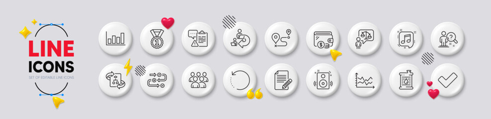 Diagram chart, Wallet and Clipboard line icons. White buttons 3d icons. Pack of Report diagram, Survey progress, Oil barrel icon. Journey, Musical note, Tick pictogram. Vector