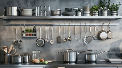 A Modern Kitchen with Stainless Steel Utensils and Pots Hanging on a Rack and a Countertop with Appliances and Food