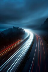An expansive highway at night featuring vibrant, colorful light trails of moving cars, creating an abstract, dynamic visual representation of speed and modern transportation.