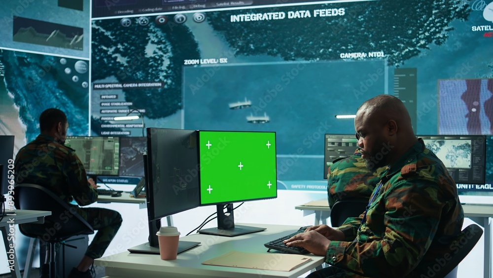 Aufkleber military specialist monitors satellite data next to green screen display, working at command post wi