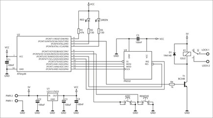 Schematic diagram of electronic device.
Vector drawing electrical circuit with
integrated circuit, resistor, capacitor, diode, microcontroller,
transistor, voltage stabilizer, led indicator,
other.