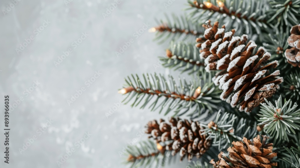 Poster a close up of a pine tree with some cones on it. ai.