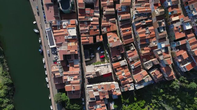 Aerial view of Bosa, a small colourful town near Oristano, Sardinia island, Italy.