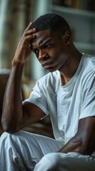 A man sitting on a couch with his hand to the side of his head. AI.