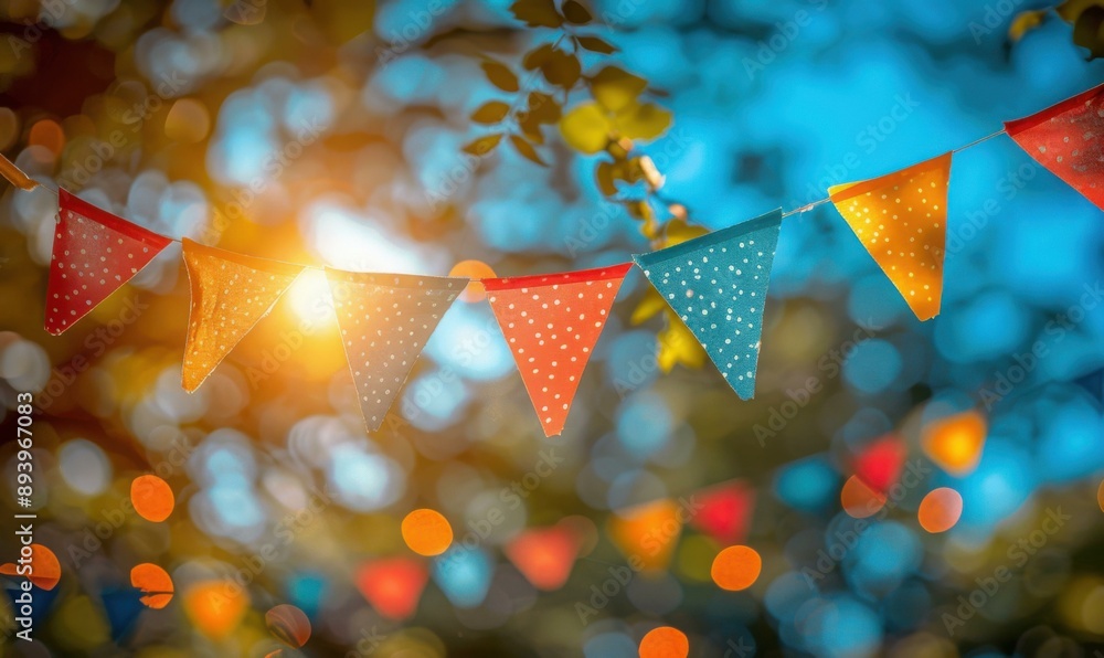 Poster colorful party flags hanging from a string with a blurred background of foliage and bokeh lights. ai