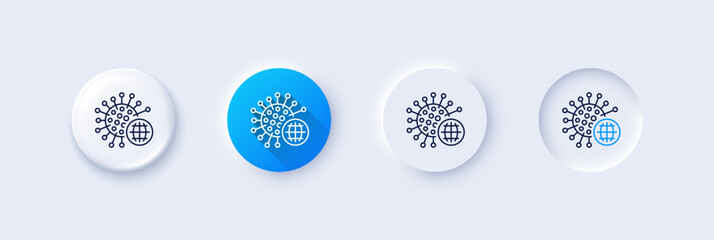 Coronavirus pandemic line icon. Neumorphic, Blue gradient, 3d pin buttons. Covid-19 global virus sign. Corona virus symbol. Line icons. Neumorphic buttons with outline signs. Vector