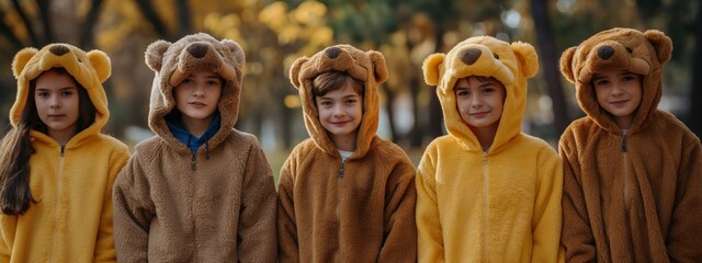 Five children dressed in bear onesies are standing in a row outside.