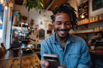 A man with dreadlocks smiling and looking at his smartphone in a cozy cafe, highlighting casual fashion, relaxation, and modern masculinity.
