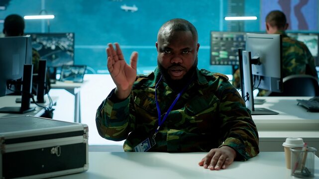 Military officer participates in a secure videoconference call in modern command center, transmitting live satellite information. Federal collaboration for national security operations. Camera A.