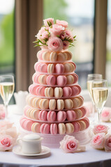 Elegant macaron tower centerpiece with alternating pink and white macarons arranged in a conical shape, arranged with roses and champagne flutes around.