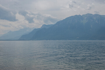 Panorama of town of Vevey and Lake Geneva,  Switzerland