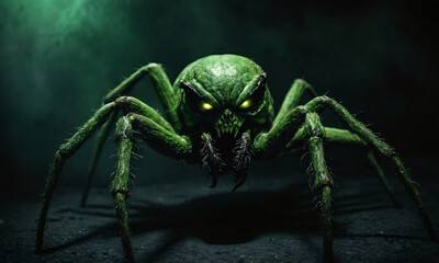 Fototapeta premium scary green demonic zombie spider features dark shadowy atmosphere for horror effect halloween theme 