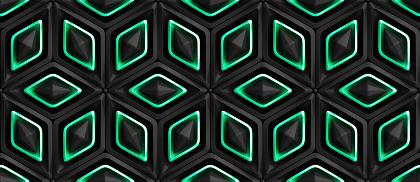 Seamless 3D geometric pattern with neon green highlights. Generative AI image