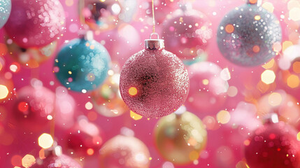 Fototapeta premium Pink Christmas decorations are suspended in the room and shimmer in the sun.
