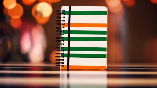 closed, spiral-bound notebook featuring bold green, orange, and white horizontal stripes on its cover, set against a blurred bokeh background